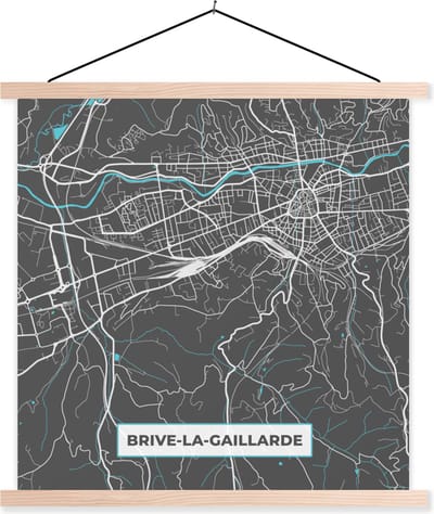 Posterhanger incl. Poster 40x40 cm - Schoolplaat - Plattegrond - Kaart - Stadskaart - Brive-la-Gaillarde - Frankrijk - Textielposter - Blanke latten - Stadskaart