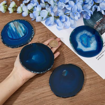 Dailygoods- Onderzetters Natuurlijke Agaat - 4 Stuks - Steen - Tafelbescherming - Unieke Vorm - Pruisisch Blauw - 94-108 mm groot - Onderzetter