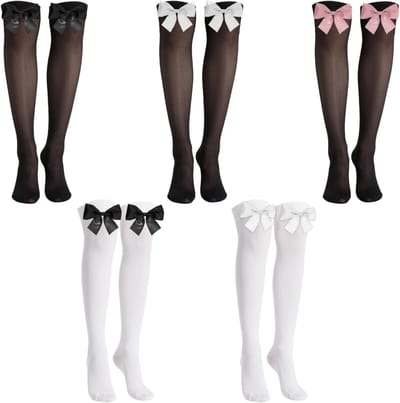 Dames Hoge Knie Sokken – Overknee Kousen met Strik in Zwart en Wit, Maat M – Ideaal voor Cosplay, Feestjes en Modeaccessoires
