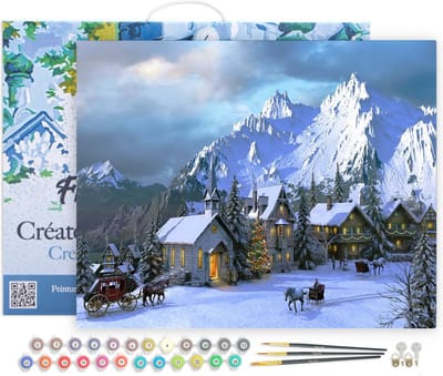 Figured'Art Schilderen op Nummer Volwassenen met lijst - Kerstmis in de Alpen - Handwerk acrylverf Kit DIY Compleet - 40x50cm Canvas al ingelijst