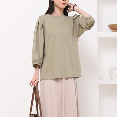 Japanse Dames Vroege Herfst T-shirts Eenvoudig en High-end Effen Kleur Puur Katoen Los Slank Casual Lantaarnmouw Top L beige