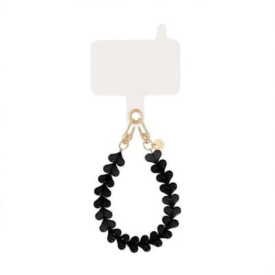 xoxo Wildhearts telefoonkoord met clip - Funky Hearts (Zwart) - Kort koord - Geschikt voor iPhone - Geschikt voor Samsung - Phone cord met koord clip - Easy Cord - Telefoonketting - Hartjes koord voor telefoon - Zwart met goud