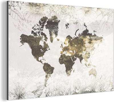 Wanddecoratie Metaal - Aluminium Schilderij Industrieel - Wereldkaart - Bloemen - Goud - 120x80 cm - Dibond - Foto op aluminium - Industriële muurdecoratie - Voor de woonkamer/slaapkamer