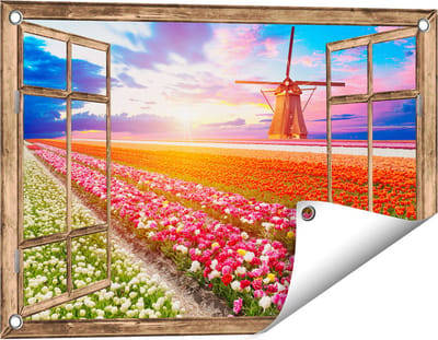 Gards Tuinposter Doorkijk Kleurrijke Bloemenveld met een Windmolen - 60x40 cm - Tuindoek - Tuindecoratie - Wanddecoratie buiten - Tuinschilderij
