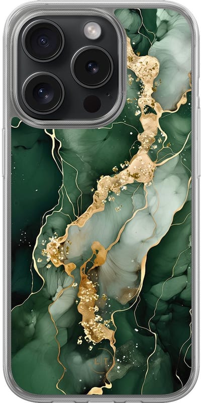 Hoesje geschikt voor iPhone 15 Pro - Marmer groen goud - 2in1 backcover - Marmer - Groen - Leuke Telefoonhoesjes