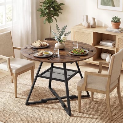 Pugsdrly - Eettafel - Ronde industriële keukentafel - Voor 4 personen - Met opbergruimte - Houtlook - Rustiek bruin - 100 cm - Zonder stoelen