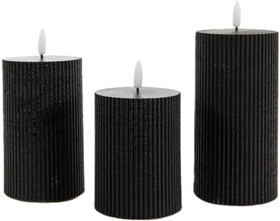Anna Collection LED kaarsen - stompkaarsen set - 3x stuks - diep zwart - ribbel - dikke kaarsen - met afstandsbediening