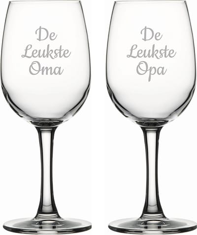 Gegraveerde witte wijnglas 26cl De Leukste Opa- De leukste Oma