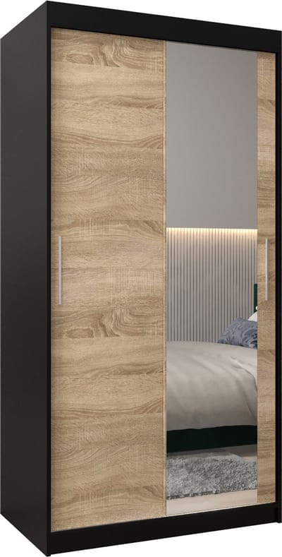 InspireMe - Kledingkast met 2 schuifdeuren, Modern-stijl, Kledingkast met planken (BxHxD): 100x200x62 - TORM II 100 Zwart Mat + Sonoma Eik