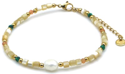 Armband - RVS - glaskralen en stenen - goudkleurig - 16-21 cm - dames