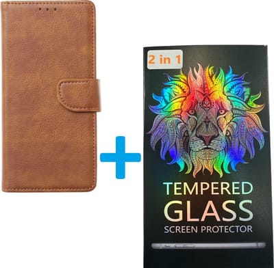 Portemonnee Book Case Hoesje + 2x Screenprotector Glas Geschikt voor: Samsung Galaxy A15 - Lichtbruin