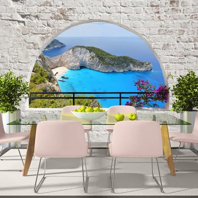 98cm X 70cm - Zelfklevend fotobehang -  Kalamaki , uitzicht van Balkon  , Premium Print