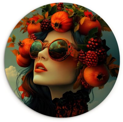 WallCircle® Wandcirkel 60x60 cm - Muurcirkel Vrouw - Granaatappel - Herfst - Zonnebril - Muurdecoratie woonkamer - Wanddecoratie keuken - Kamer decoratie accessoires - Ronde schilderijen
