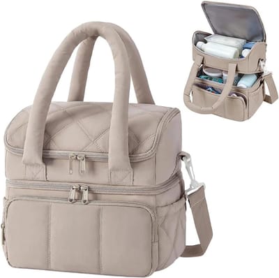geïsoleerde lunchtas voor dames, dubbele verdieping, lunchbox, lunchtas, geïsoleerde tas, draagbare koelbox, lekvrij, waterdichte thermotas voor picknick, reizen, strand (camel)