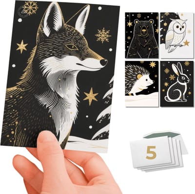 Inspra Studio – Luxe Kerstkaarten met Enveloppen – 5 Stuks – Vos, Egel, Uil, Beer & Konijn Wenskaarten – Minimalistische Dieren Illustraties