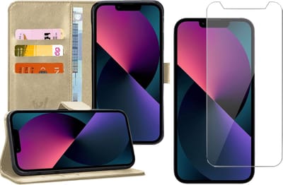 Hoesje geschikt voor iPhone 13 Mini - Screenprotector - Book Case Kunstleer Wallet - Goud