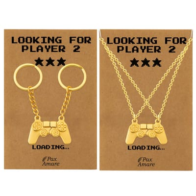 BFF Ketting + Sleutelhanger voor 2 'Looking for Player 2' - Controller - Bundel op Cadeau Kaartje - Goudkleurig - Vriendschap Symbool - Pax Amare