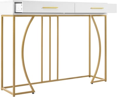 Consoletafel, haltafel met 2 lades, lichtgewicht bijzettafel in luxe stijl, salontafel, 110x32x85 cm, wit/goud