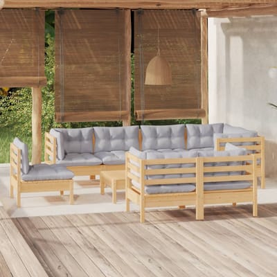 vidaXL - 9-delige - Loungeset - met - grijze - kussens - massief - grenenhout