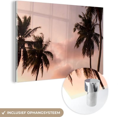 MuchoWow® Glasschilderij 150x100 cm - Schilderij acrylglas - Palmboom - Pastel - Zomer - Foto op glas - Schilderijen
