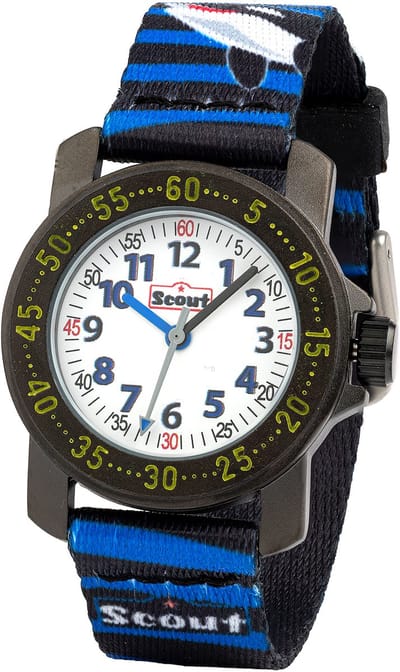 Scout Kinderuhr analog aus der Serie "Action" mit schwarz blauem Textilband mit Orca-Motiven und Quarzwerk