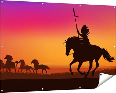Gards Tuinposter Silhouet van een Indiaan op een Paard - 150x100 cm - Tuindoek - Tuindecoratie - Wanddecoratie buiten - Tuinschilderij