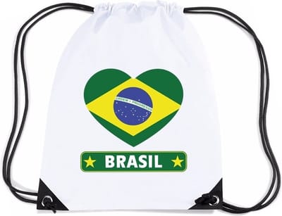 Brazilie thema sporttas - nylon rijgkoord rugzak - wit met hartjes vlag print - supporters - 11 liter - 45 x 34 cm