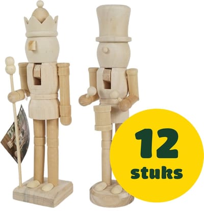 Budgetland Houten Notenkraker [12 Stuks] – Notenkraker Kerst - DIY Kerstdecoratie - Schilderbare notenkrakers 25,5 cm – Kerstdecoratie om te versieren - Hout - Kerstfiguur - Kerstbeeld