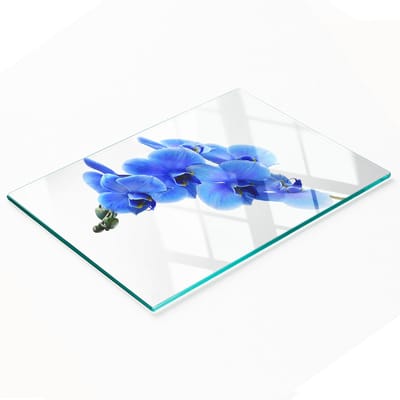 Stijlvol en duurzaam glazen bord met blauwe orchideeprint, 80x52 cm