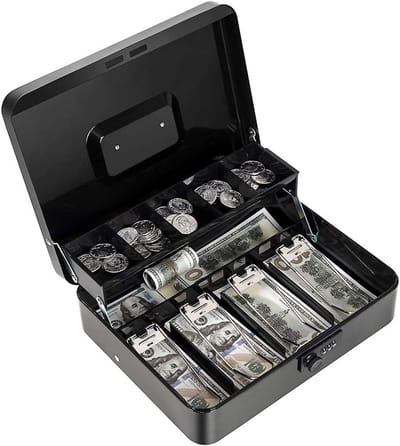 Geldkist Cijferslot - Metalen Spaarpot - Geld Organiseren - Veerklemmen Geldhouder - 30 x 24 x 9 cm - Zwart
