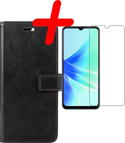 Hoesje Met Screenprotector - Geschikt voor OPPO A17 - Luxe Pasjeshouder - Bookcase Portemonee - Flip Case - Kunstleer Book Case - Flipcase - Book Cover - Walletcase - Portemonneehoes - Zwart