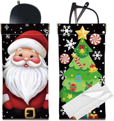 2 brillenkokers voor kerstbrillen van leer - draagbaar en dun - in de vorm van een kerstman - kerstboom - zachte brillenhouder - reinigingsdoek - voor op reis - cadeau voor vrouwen en mannen - 18