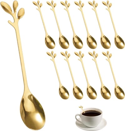 Decoratieve Gouden Lepels Set van 12, 12cm RVS Koffielepels voor Thee, Melk en Desserts met Uniek Takontwerp
