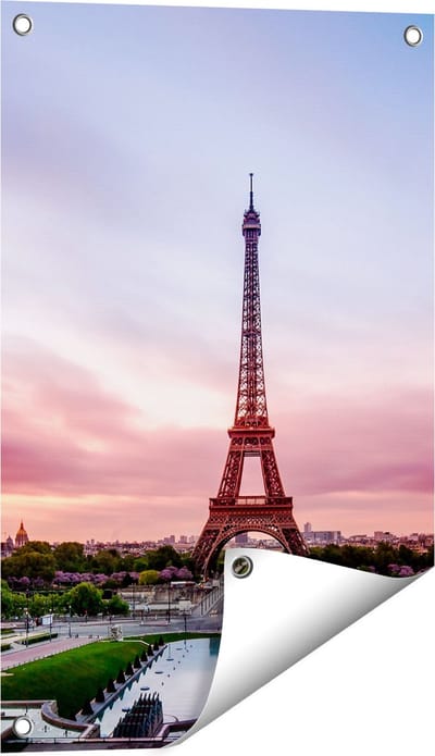 Gards Tuinposter Eiffeltoren in Parijs met Kleurrijke Hemel - 40x60 cm - Tuindoek - Tuindecoratie - Wanddecoratie buiten - Tuinschilderij
