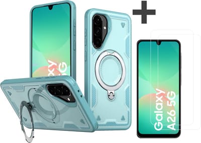 Hoesje Geschikt voor Samsung Galaxy A26 met 2 Stuks gehard glas Screenprotectors - Armor hoes met Ringhouder - Arara backcover - Lake Blauw