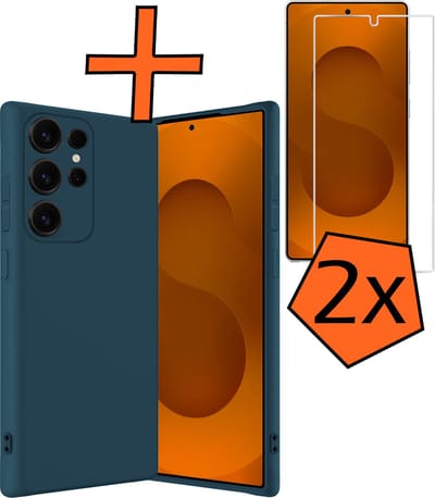 Hoes - Met 2x Screenprotector - Geschikt voor Samsung Galaxy S25 Ultra - Sterk & Shockproof - Back Cover - Siliconen Case - Telefoon Hoes - Donkerblauw