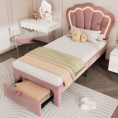Sweiko Kinderbed, LED Eenpersoonsbed, 90 x 190 cm, Gewatteerd bed met lades, APP-gestuurde LED-bedplaats, Vlak noedelsframe en verstelbaar hoofdeinde, bedstead jeugdbed fluweel Roze (Geen matras)
