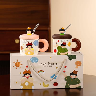 Handcadeaus voor thuis Cadeaudoos met deksel Rietjesbeker Grote capaciteit Keramische beker Cartoon Leuke mok Koppelsbeker 380ML beige