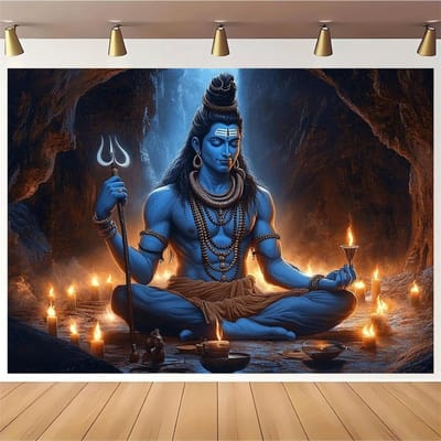 Lord Shiva Wandkleed Meditatie Grot Poster Hindoeïstische God Decor Trishul Energie Kunst Wanddecoratie Yoga Tempel Altaar Kamer Cadeau 40x60 cm blue