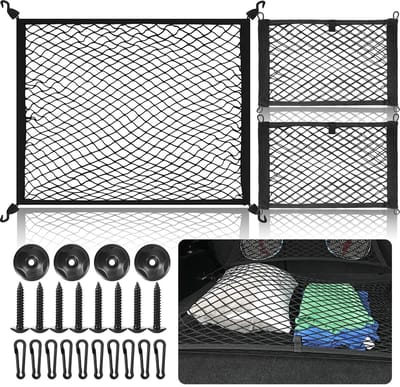 Kofferbaknet, elastische netten met haken, met haken en schroeven, scheidingsnet, voor bevestiging van de bagage, geschikt voor de meeste auto's