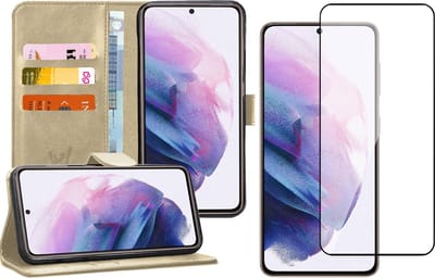 Hoesje geschikt voor Samsung Galaxy S21 FE - Book Case Kunstleer Wallet Cover Portemonnee Pasjeshouder Hoes Goud - Full Tempered Glass Screenprotector