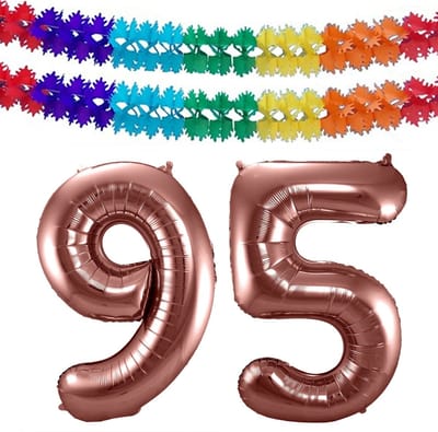 Folat Verjaardag Leeftijd folieballon - 95 jaar - rosé goud - 86 cm - cijferballon groot - incl 2x feestslingers