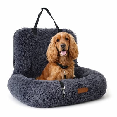 By Cee Cee – Autostoel Hond Deluxe – Maat M – Voorzien Van Veiligheidslijn En Foam Flakes Vulling En Afritsbare Hoes – Voor Achterbank – Donkergrijs Polyester