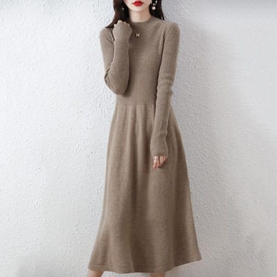 Halfcol Cardigan Slim Jurk voor Dames Gebreide Trui Jurk Herfst en Winter Midilengte Over-de-knie Lange Rok Basis L gray