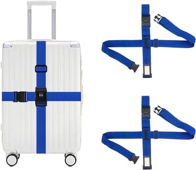 Famanu – Kofferriem set van 2 met cijferslot - verstelbare kruisband met naamkaartje - geschikt voor koffers van 20–34 inch - blauw
