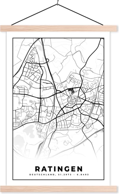Posterhanger incl. Poster 40x60 cm - Schoolplaat - Ratingen - Plattegrond - Kaart - Stadskaart - Textielposter - Blanke latten - Stadskaart