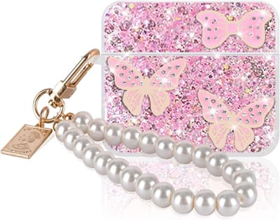 Glinsterende paillettentas voor Airpods 3e generatie met parelsleutelhanger, stootvast en krasbestendig, roze vlinderpatroon, ideaal voor vrouwen en accessoires
