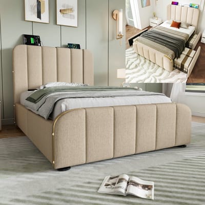 Eenpersoonsbed 90x200 cm met 4 lades en lattenbodems, bed met opbergruimte, gouden treeplanken en USB Type-C oplader, beige(Matras niet inbegrepen)