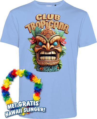 T-shirt Tiki Masker | Toppers in Concert 2024 | Club Tropicana | Hawaii Shirt | Ibiza Kleding | Lichtblauw | maat XS