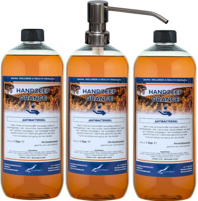 Handzeep Orange 1 liter - set van 3 stuks - met gratis RVS zilverkleurige pomp - Voordeelverpakking